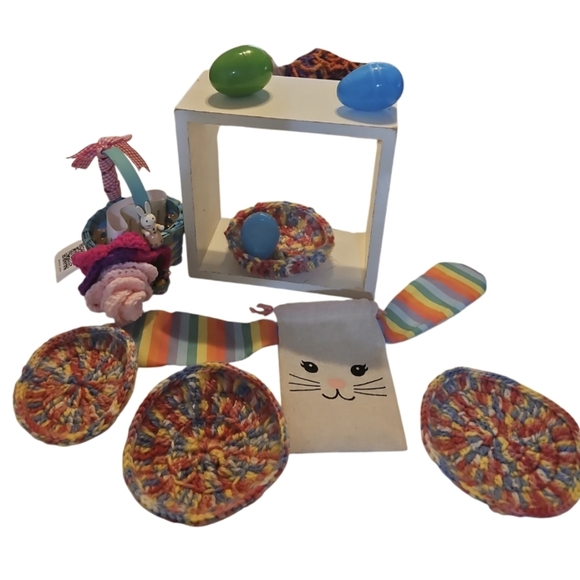 Hand Knit Crochet Easter Bundle Upcycled Eggs 4pc Set Coaster Pastel colors 10pc - Picture 8 of 17